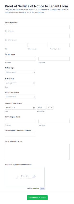 Proof Of Service Of Notice To Tenant Form Template