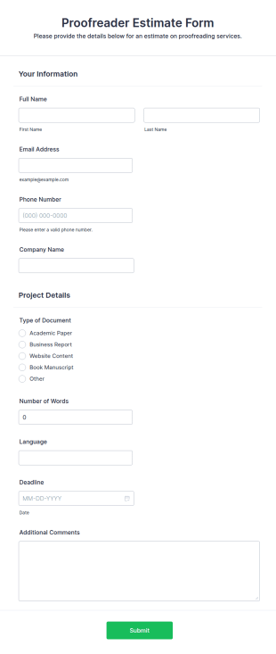 Proofreader Estimate Form Template