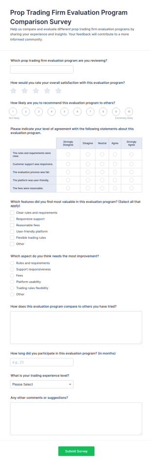Prop Trading Firm Evaluation Program Comparison Survey Form Template
