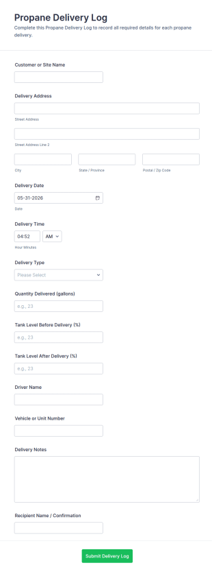 Propane Delivery Log Form Template