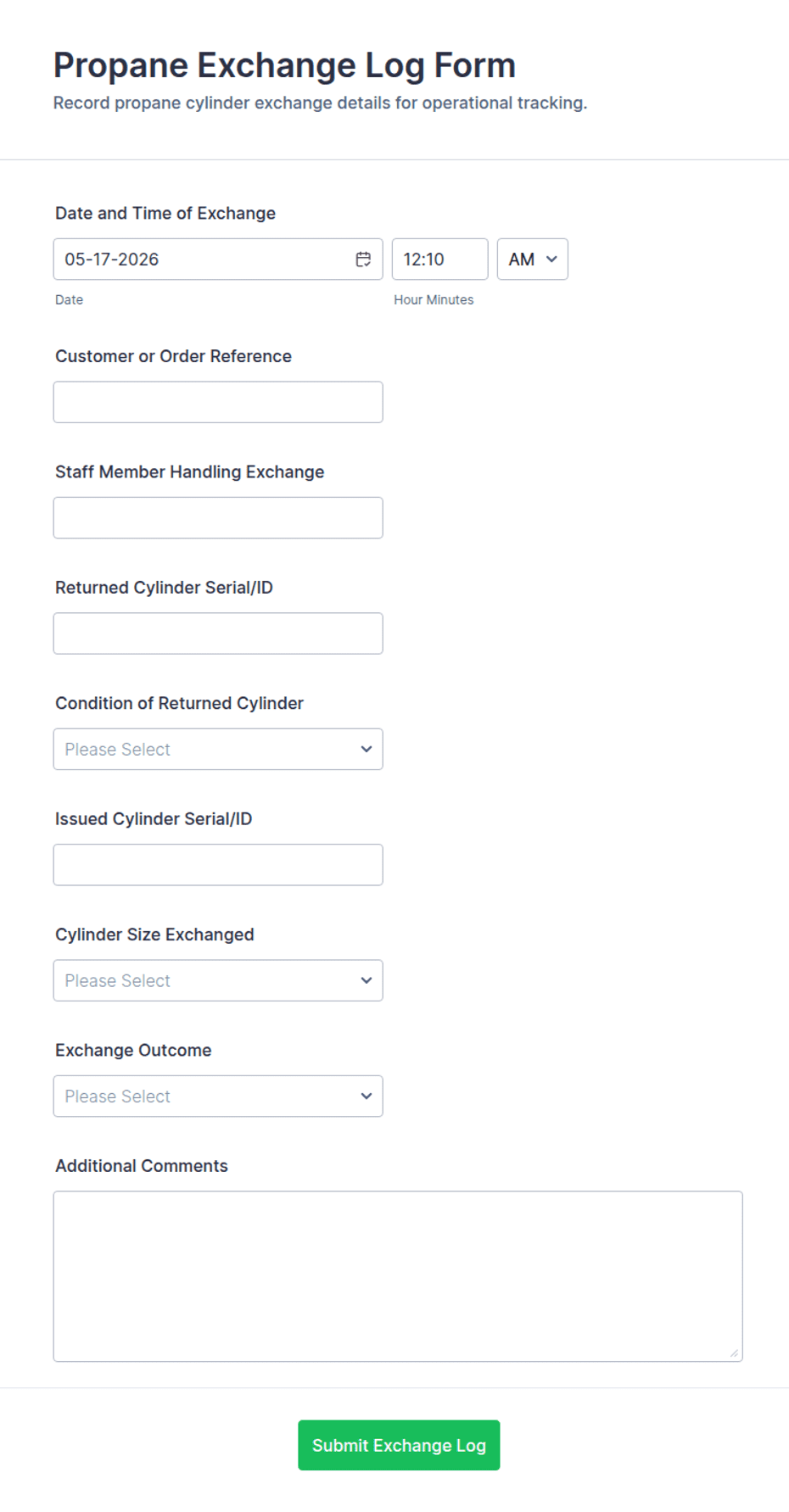 Propane Check Out Log Propane Exchange Log Form Template | Jotform