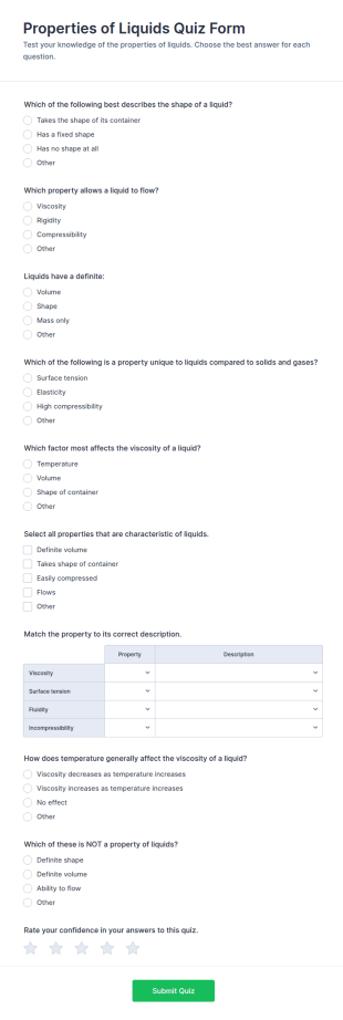 Properties Of Liquids Quiz Form Template