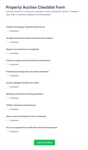 Property Auction Checklist Form Template