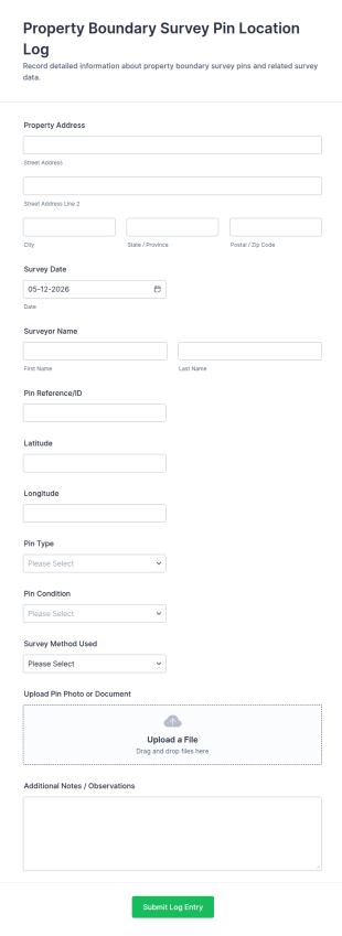 Property Boundary Survey Pin Location Log Form Template