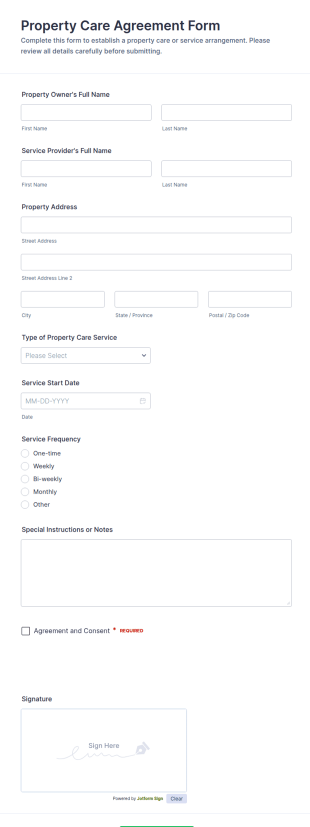 Property Care Agreement Form Template