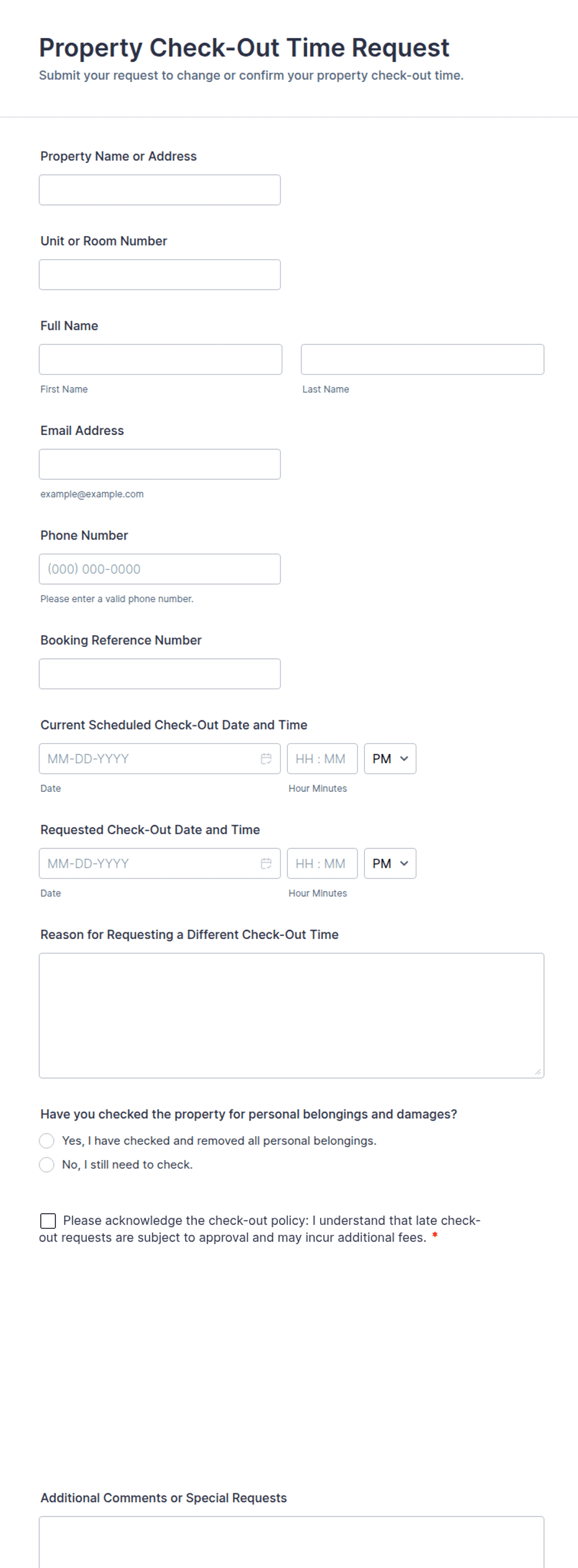 Property Check-Out Time Request Form Template | Jotform