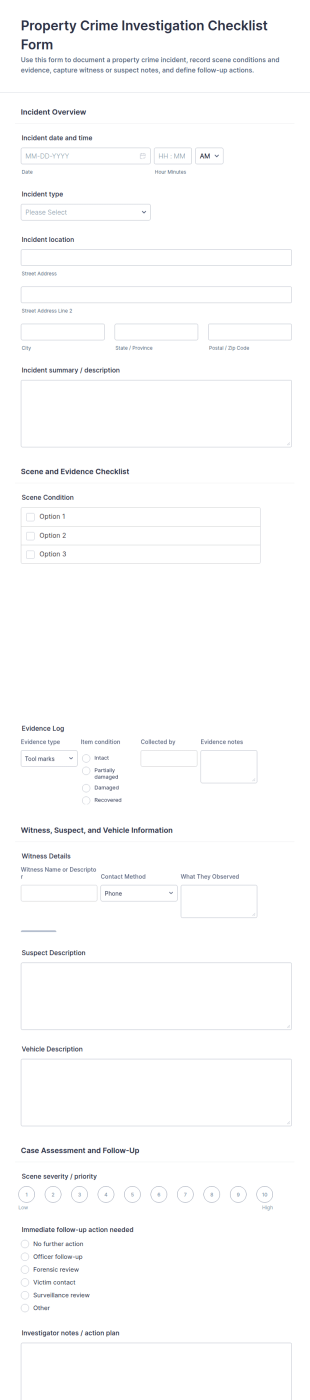 Property Crime Investigation Checklist Form Template