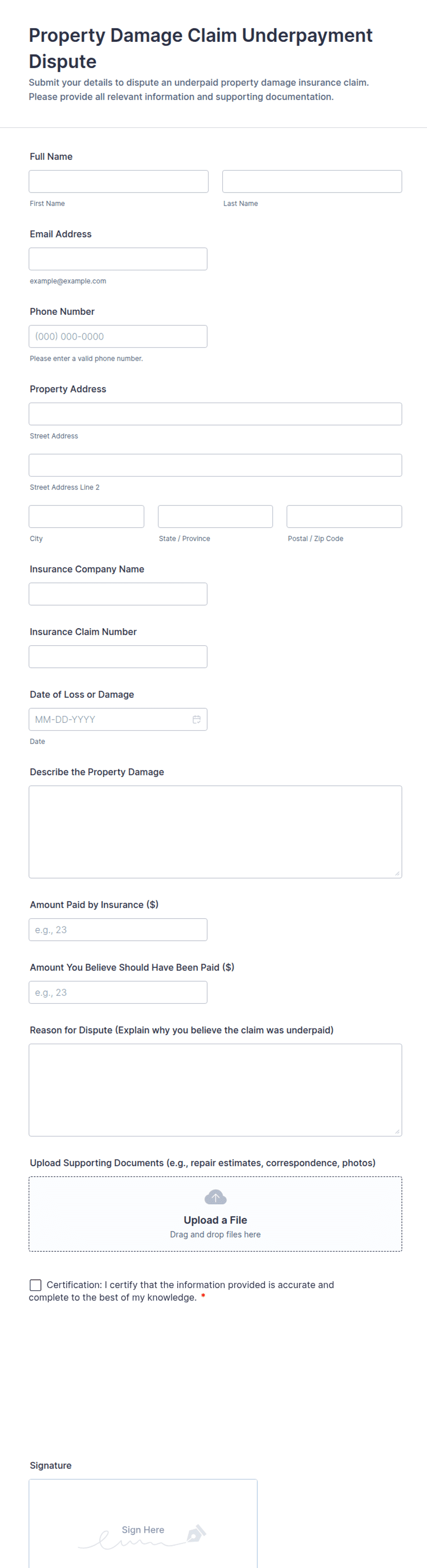 Property Damage Claim Underpayment Dispute Form Template | Jotform
