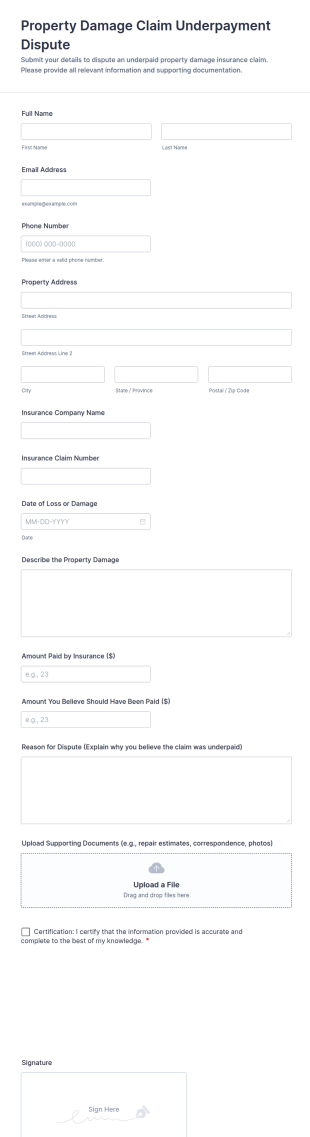 Property Damage Claim Underpayment Dispute Form Template
