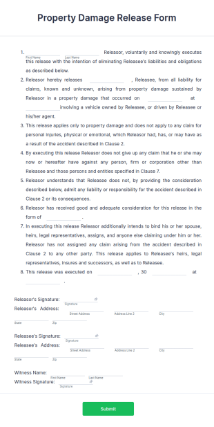 Property Damage Release Form Template