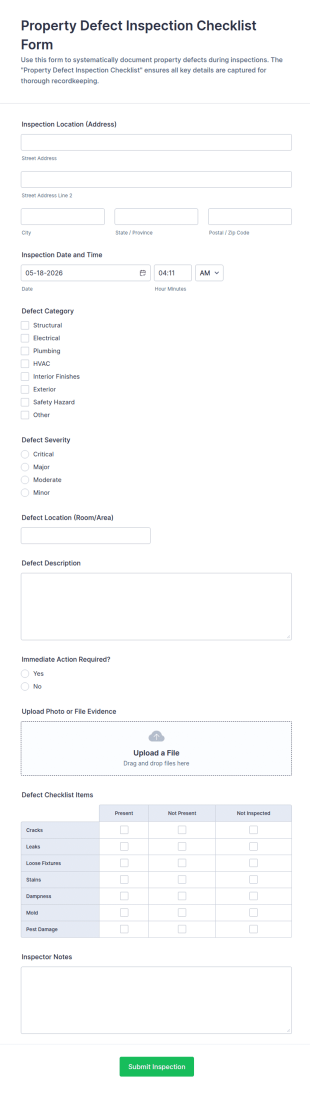 Property Defect Inspection Checklist Form Template