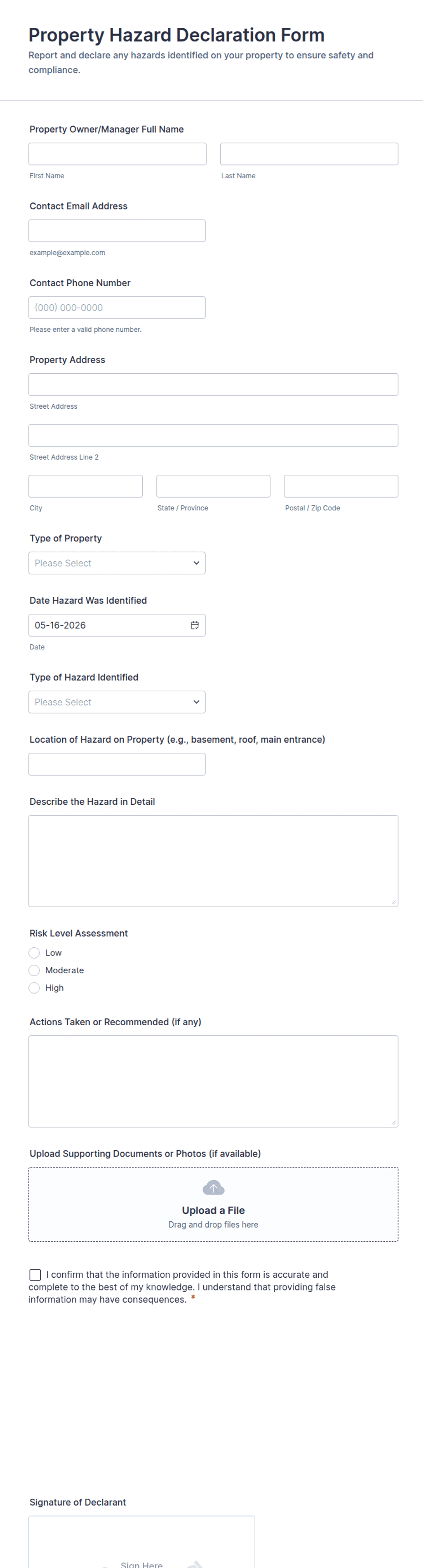 Property Hazard Declaration Form Template | Jotform