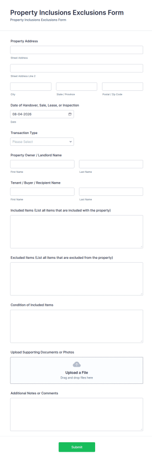 Property Inclusions Exclusions Form Template