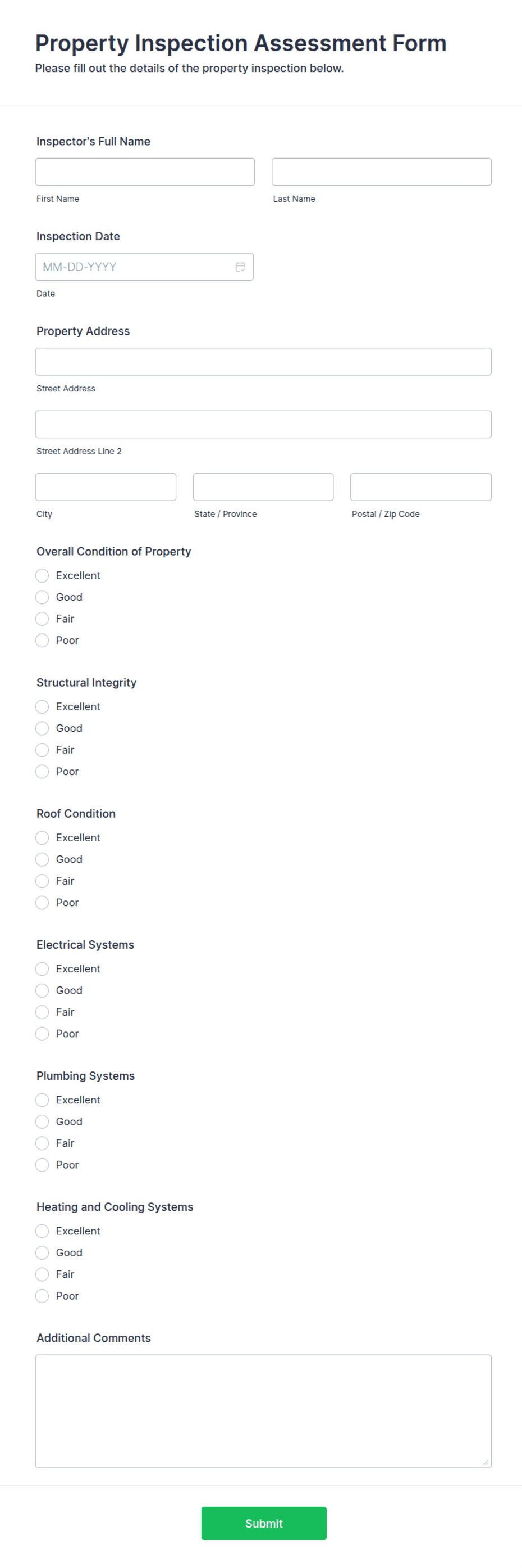 Parcel Inspection Form Property Inspection Assessment Form Template | Jotform
