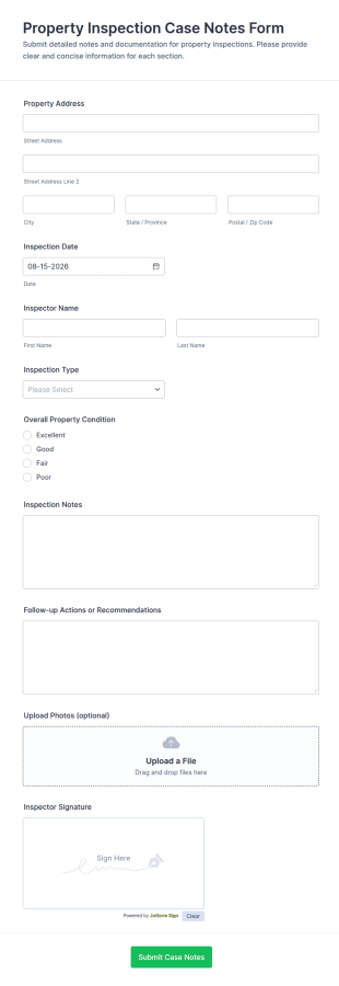Property Inspection Case Notes Form Template