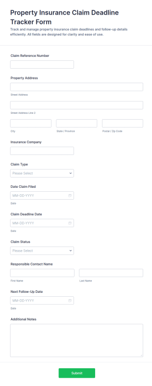 Property Insurance Claim Deadline Tracker Form Template