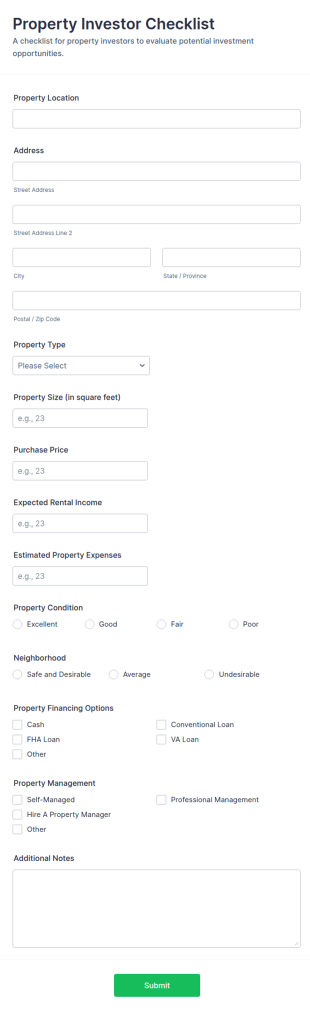 Property Investor Checklist Form Template