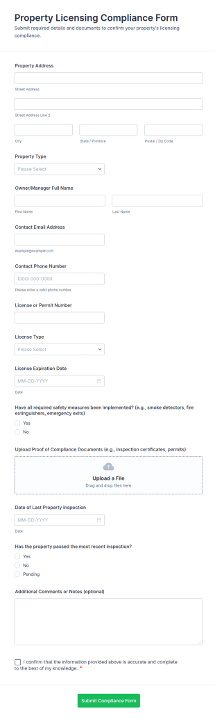 Property Licensing Compliance Form Template