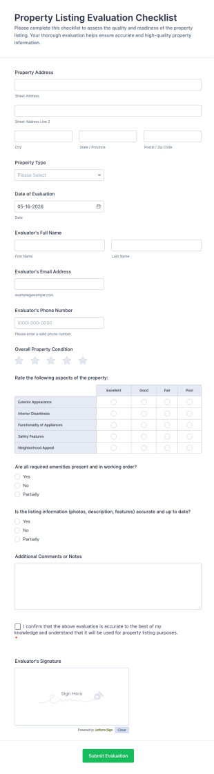Property Listing Evaluation Checklist Form Template