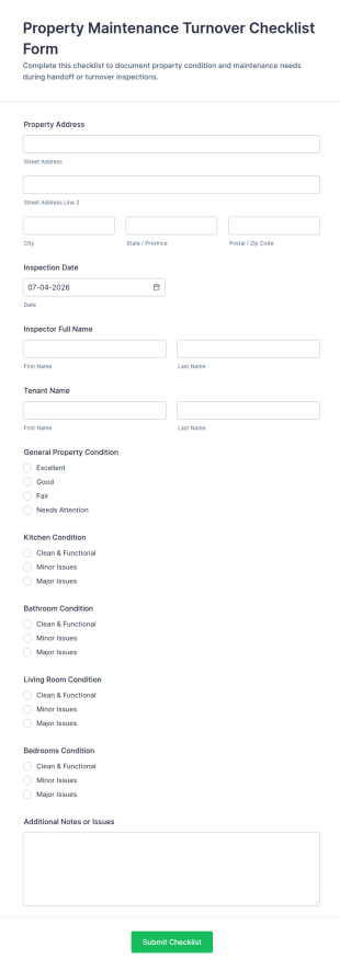 Property Maintenance Turnover Checklist Form Template