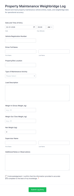 Property Maintenance Weighbridge Log Form Template