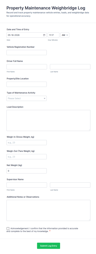 Property Maintenance Weighbridge Log Form Template