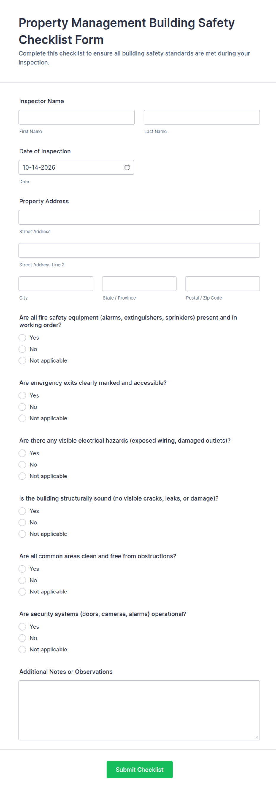 Property Management Building Safety Checklist Form Template | Jotform