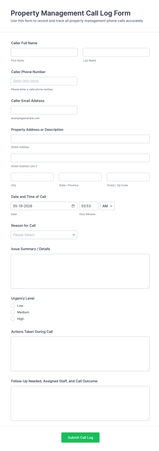 Property Management Call Log Form Template
