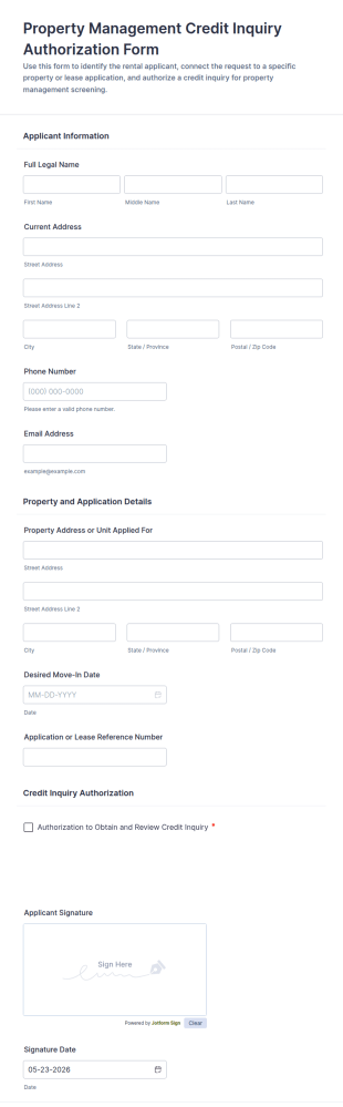 Property Management Credit Inquiry Authorization Form Template