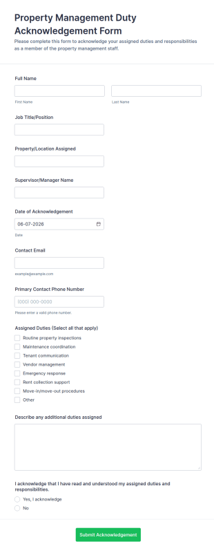 Property Management Duty Acknowledgement Form Template
