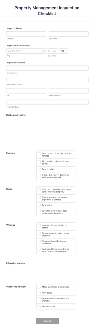 Property Management Inspection Checklist Form Template
