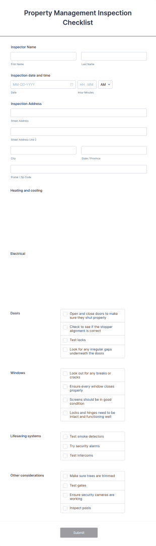 Property Management Inspection Checklist Form Template
