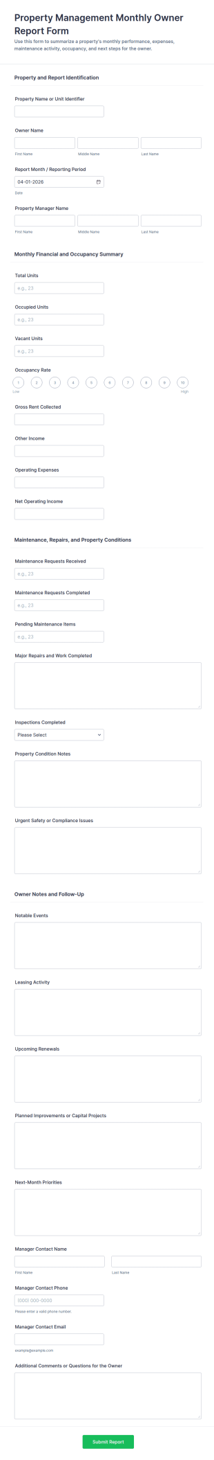 Property Management Monthly Owner Report Form Template