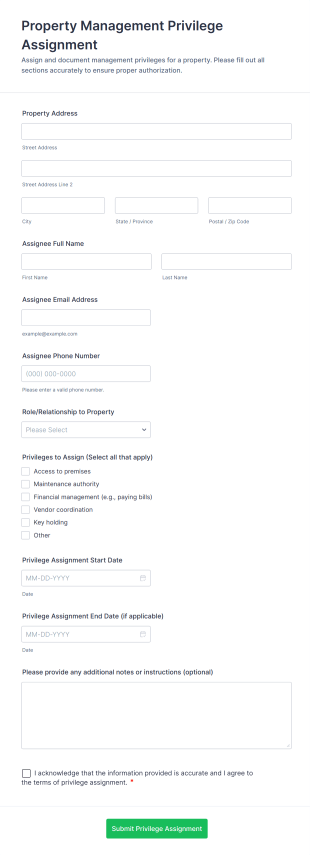 Property Management Privilege Assignment Form Template