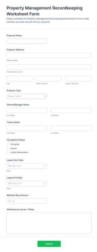 Property Management Recordkeeping Worksheet Form Template