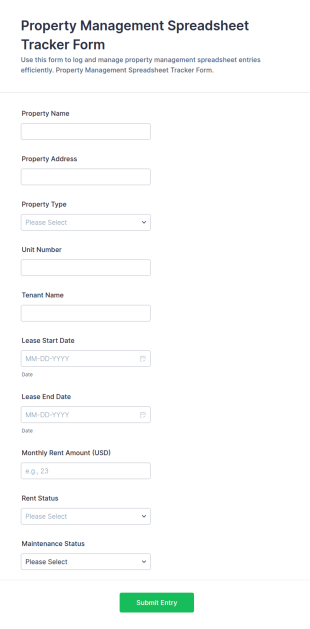 Property Management Spreadsheet Tracker Form Template