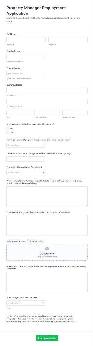 Property Manager Employment Application Form Template