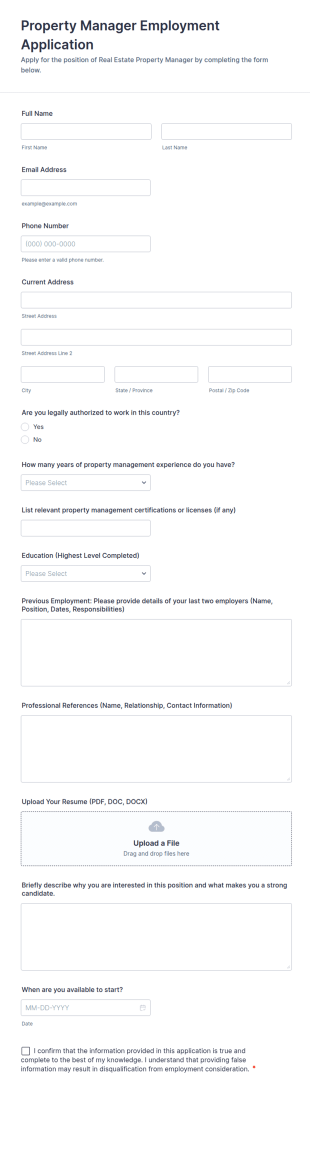 Property Manager Employment Application Form Template