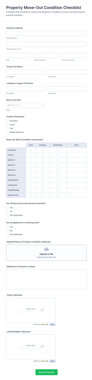 Property Move Out Condition Checklist Form Template