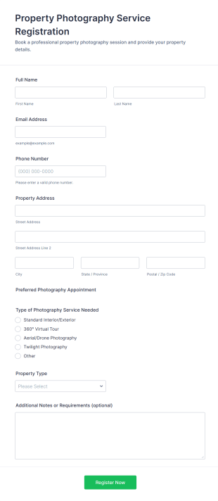 Property Photography Service Registration Form Template