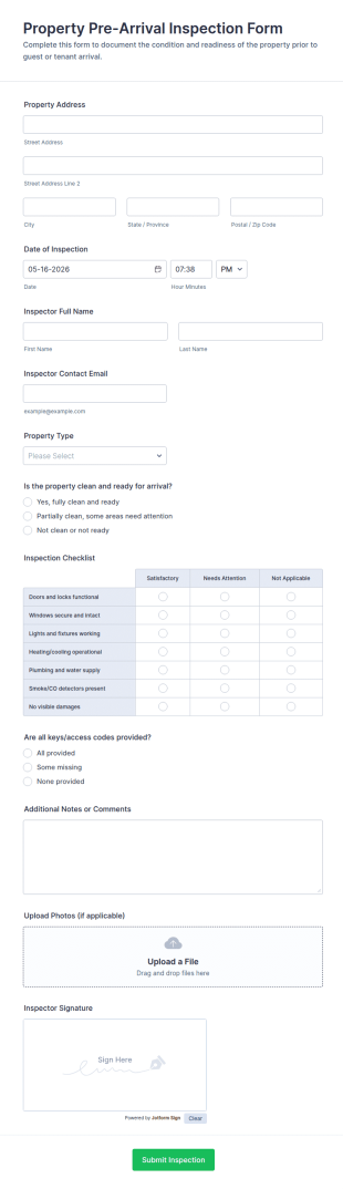 Property Pre Arrival Inspection Form Template