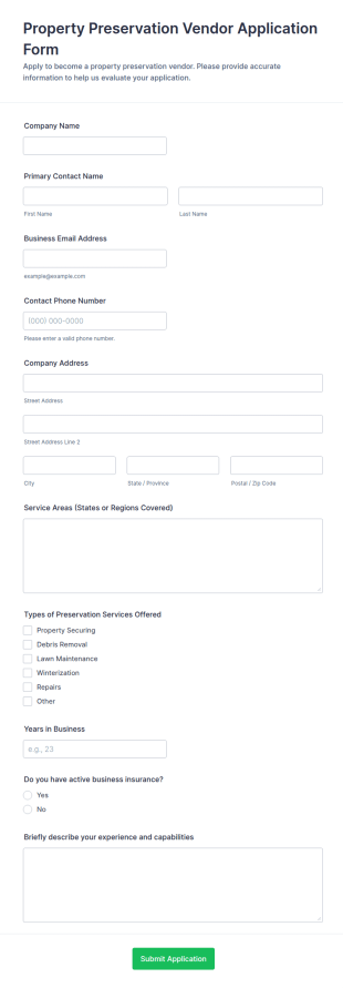 Property Preservation Vendor Application Form Template