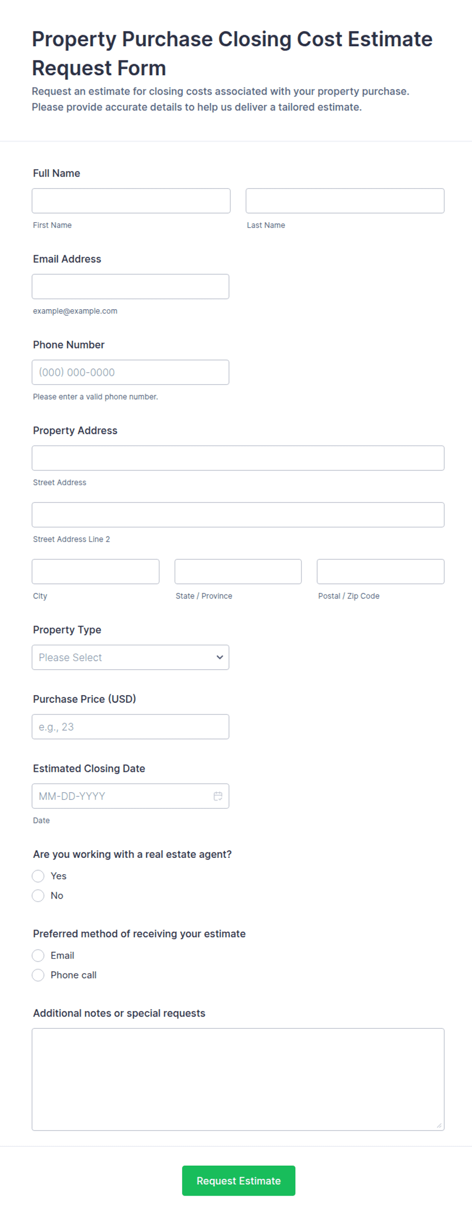 Property Purchase Closing Cost Estimate Request Form Template | Jotform
