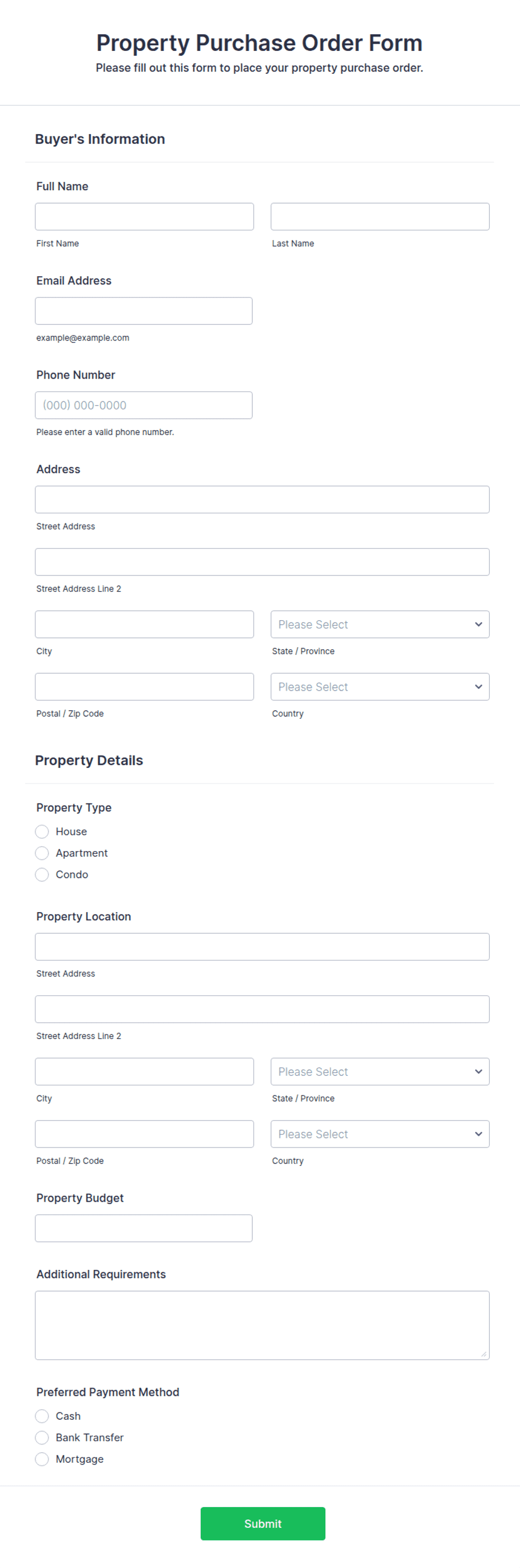Property Order Example Document Property Purchase Order Form Template | Jotform