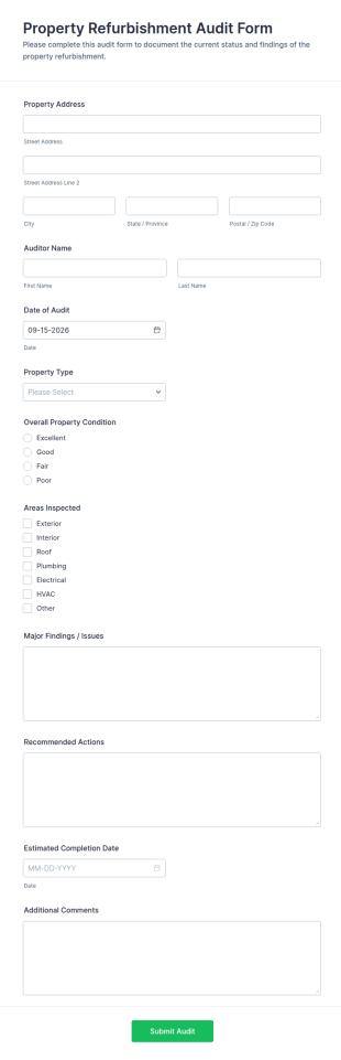Property Refurbishment Audit Form Template