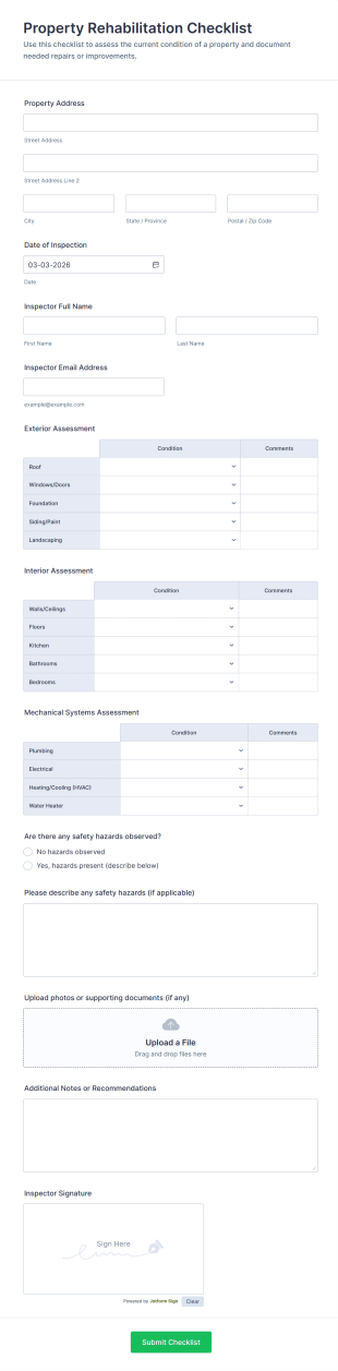 Property Rehabilitation Checklist Form Template