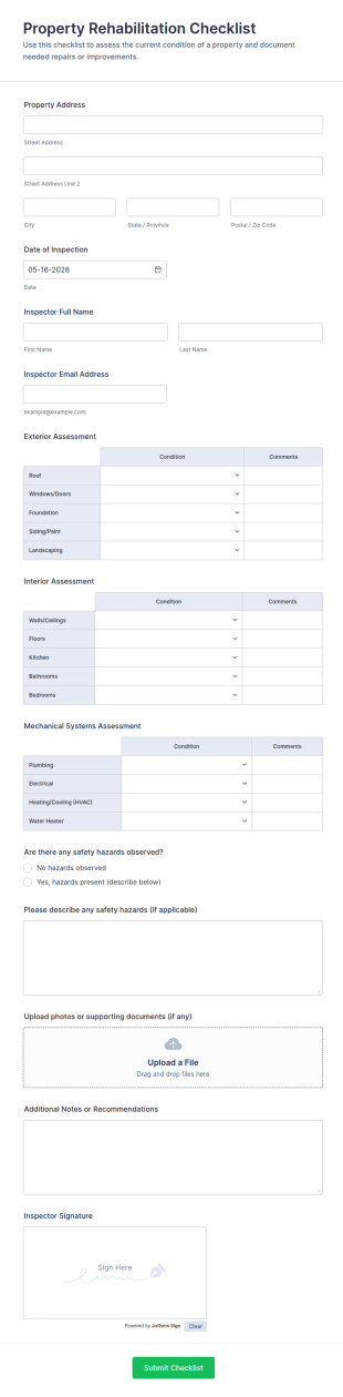 Property Rehabilitation Checklist Form Template