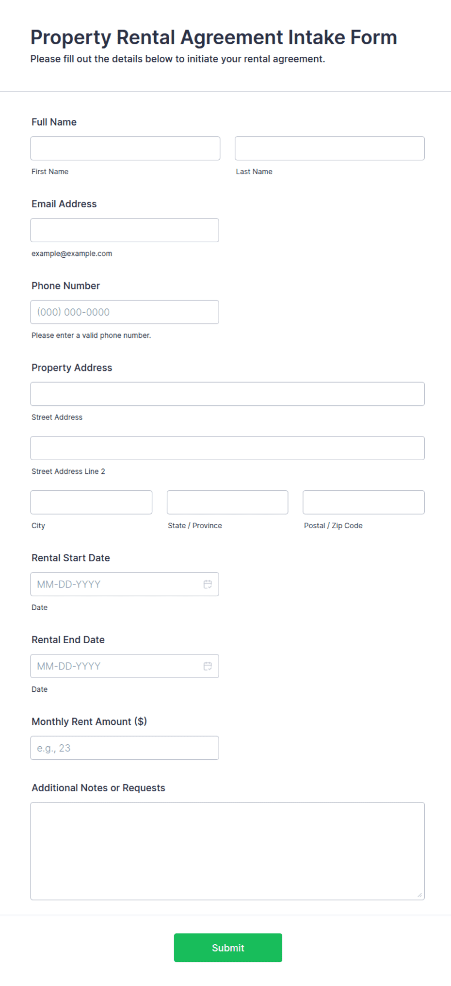 Property Rental Agreement Intake Form Template | Jotform