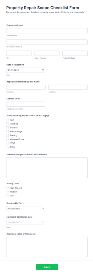 Property Repair Scope Checklist Form Template