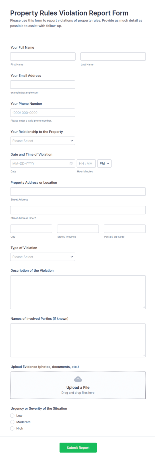 Property Rules Violation Report Form Template